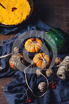 Autumn still life: orange and green pumpkins, walnuts, viburnum and pumpkin pie on a cloth