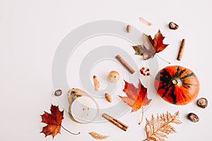 Autumn still life: pumpkin, leaves, acorns on white background. Thanksgiving day frame. Copy space. Top view. Flat lay