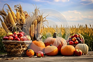 Autumn still life with pumpkins, apples and corn on the field, Basket Of Pumpkins, Apples And Corn On Harvest Table With Field