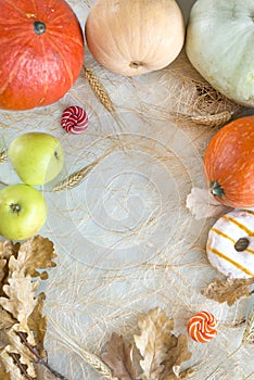 Autumn still life, pumpkins, apples, lollipops, dry oak leaves,