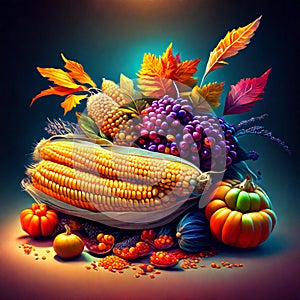 Autumn still life with pumpkins, berries, leaves and corn Generative AI