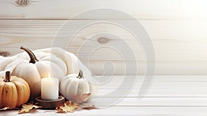 Autumn still life with pumpkins, candles and leaves on white wooden background Generative AI