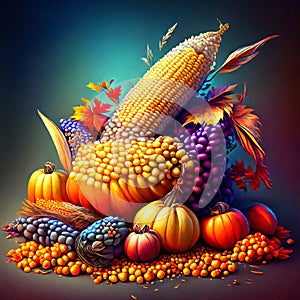 Autumn still life with pumpkins, corn, berries and leaves Generative AI