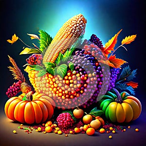 Autumn still life with pumpkins and corn on a dark background Generative AI