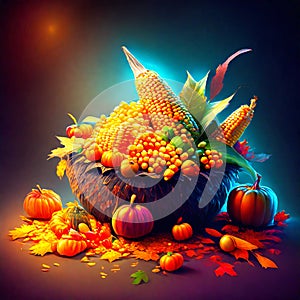 Autumn still life with pumpkins and corn on a dark background Generative AI