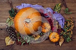 Autumn still life with pumpkins, dry leaves and berries.