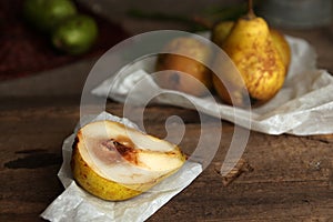 Autumn still life with ripe homegrown pears from rural garden