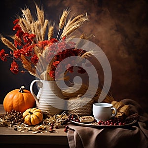 Autumn still life in rustic style on a dark background