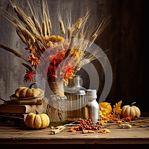Autumn still life in rustic style on a dark background