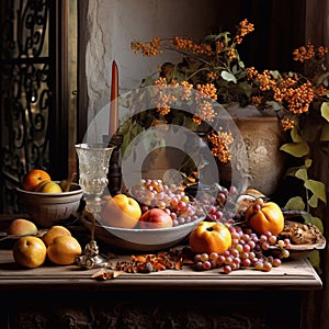 Autumn still life in rustic style on a dark background