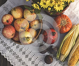 Autumn still life in rustic style flat lay with apples, pumpkin and red corn, pomegranate and figs
