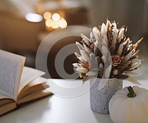 Autumn still life. Rustic style home decor. Still life details of living room. Autumn weekend concept. Fall home decoration.