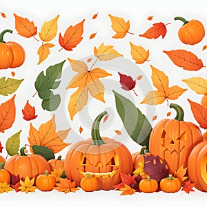 Autumn Still Life in this stunning Halloween illustration present a group of pumpkins and autumn fall maple leaves