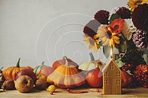 Autumn still life. Stylish pumpkins, autumn flowers, berries, leaves, candle on rustic wooden table. Happy Thanksgiving! Seasons