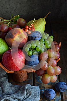 Autumn still life for thanksgiving with autumn fruits and berries on wooden background - grapes, apples, plums, viburnum, dogwood