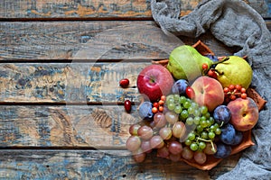 Autumn still life for thanksgiving with autumn fruits and berries on wooden background - grapes, apples, plums, viburnum, dogwood.