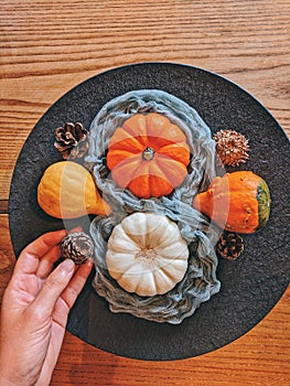 Autumn still life on the theme of the harvest of small different pumpkins.