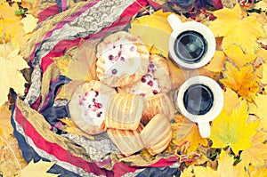 Autumn still life, two mugs with tea in hands, cakes, picnic in autumn park