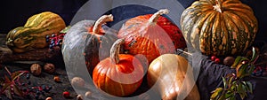 Autumn still life with variety of pumpkins - cucurbita fruits of different colors and sizes with nuts and berries, banner