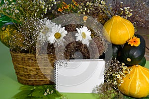 Autumn still life with vegetables, a basket of flowers and a Rowan tree. A horizontal banner with a text field. The harvest of