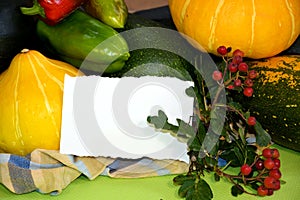 Autumn still life with vegetables, flowers and mountain ash. A postcard with a text field. The harvest of vegetables