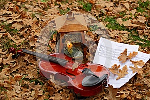 Autumn still life with a violin and autumn leaves