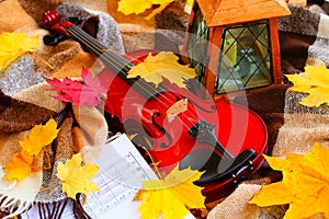 Autumn still life with a violin and autumn leaves