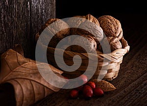 Autumn Still Life with Walnut, Leaf and Rosehip.