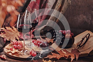 Autumn still life with wine, grapes, book and dry leaves