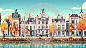 An autumn street with colonial victorian buildings and a lake promenade in a 19th century town. Retro style cityscape at