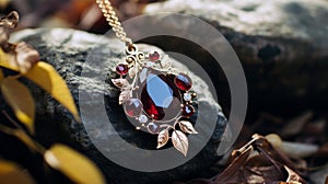 Autumn Style Gold Pendant With Red Gem And Leaf Design