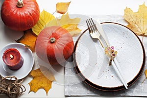 Autumn style table setting on white background