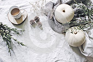 Autumn styled photo. Feminine Halloween desktop scene. Cup of coffee, eucalyptus, pine cones, white pumpkins and