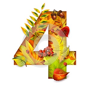 Autumn stylized alphabet with foliage. Digit4