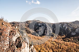 Autumn Sulovske skaly mountains with colorful forest and rocks in Slovakia