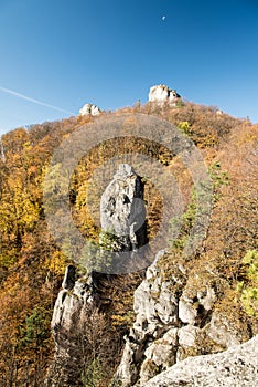 Autumn Sulovske skaly mountains in Slovakia with rocks, colorful forest and clear sky