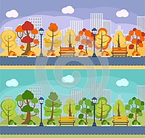 Autumn and summer park panorama vector background, banner. City, public garden, square, acreage, plaza