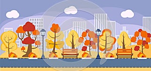 Autumn and summer park panorama vector background, banner. City, public garden, square, acreage, plaza