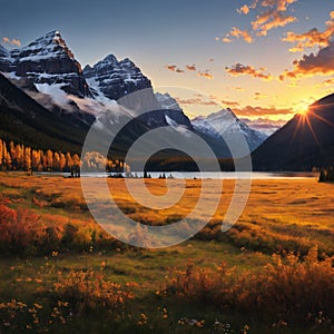 Autumn sunrise at Bow Lake in the Canadian Rockies. made with Generative AI