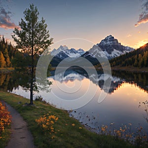 Autumn sunrise at Bow Lake in the Canadian Rockies. made with Generative AI