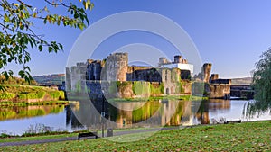 Autumn sunrise on Caerphilly Castle, Wales