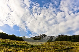 Autumn sunrise with meadow and mountain peaks in background