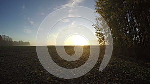 Autumn sunrise over misty morning fields and tree groves, time lapse