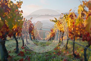 Autumn sunrise over vibrant vineyard with foggy backdrop