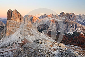 Autumn sunset over Averau Peak 2649 m in the Dolomites.