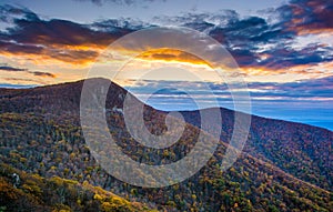 Autumn sunset over Hawksbill Mountain, seen from Skyline Drive i