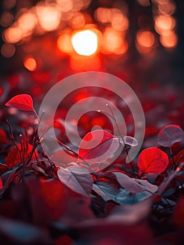 Autumn Sunset over Red Maple Leaves