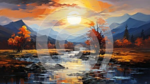 Autumn Sunset Over River: A High Detailed Painting In The Style Of Glen Orbik