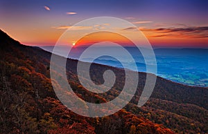 Autumn sunset over the Shenandoah Valley and Appalachian Mountains from Little Stony Man, in Shenandoah National Park, Virginia. photo