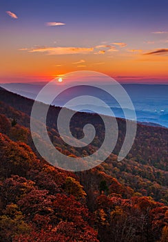 Autumn sunset over the Shenandoah Valley and Appalachian Mountains from Little Stony Man, in Shenandoah National Park, Virginia.